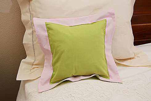 Hemstitch Multicolor Baby Pillow 12x12". Macaw Green Cherry Pink - Click Image to Close